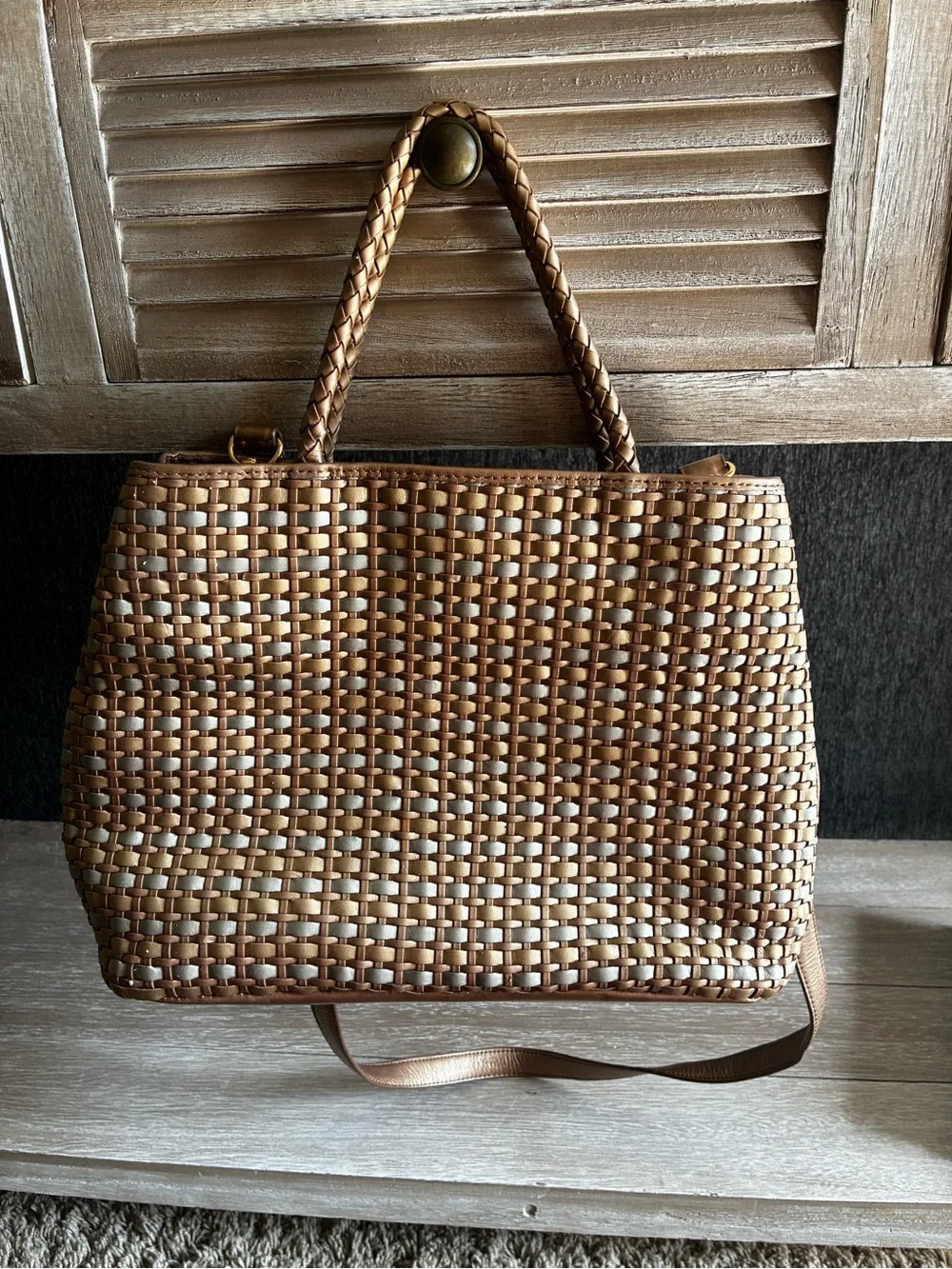 Preston & York Metallic Woven Bronze and Silver Shoulder Bag 100% Leather